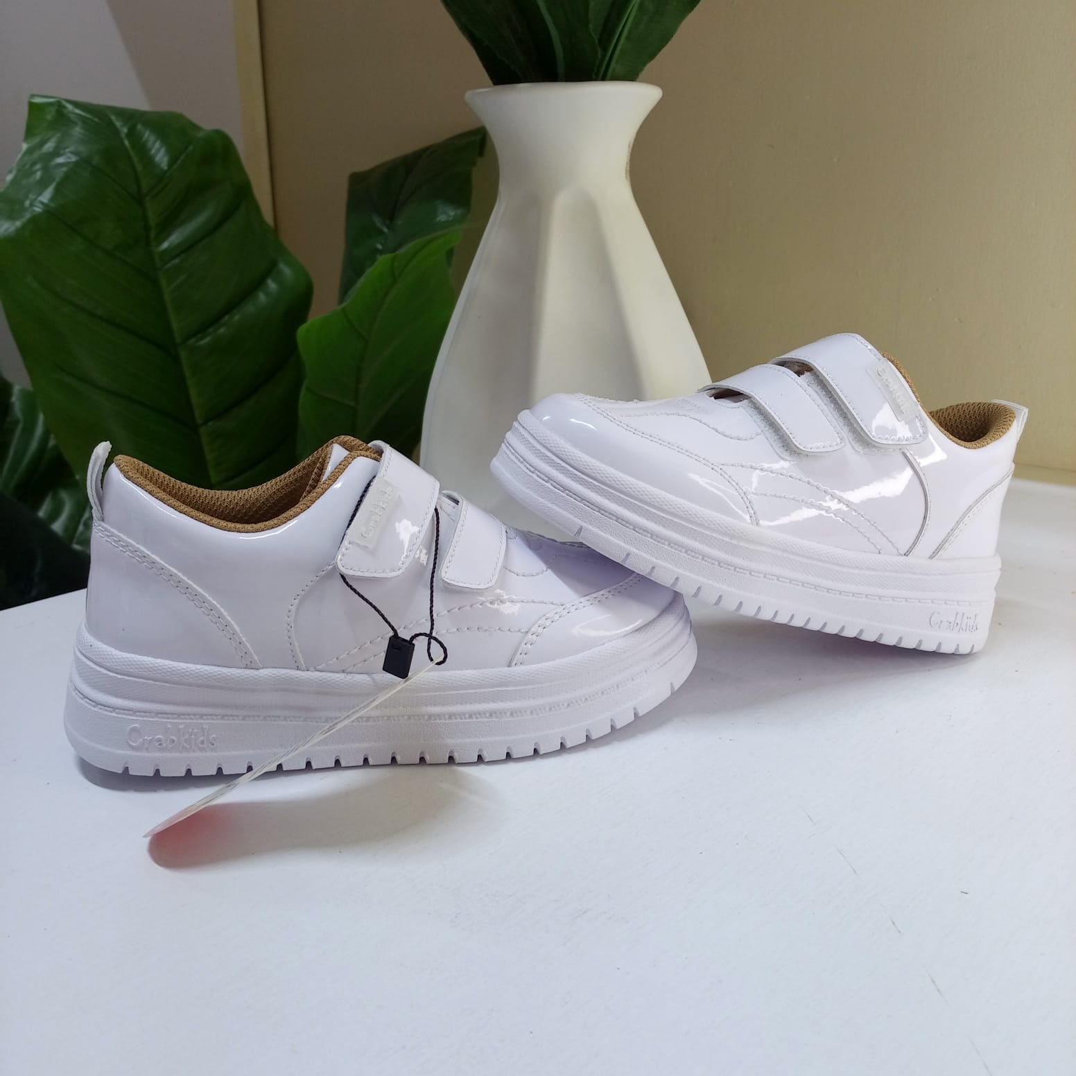 CrabKids White Patent Double Strap Sneaker